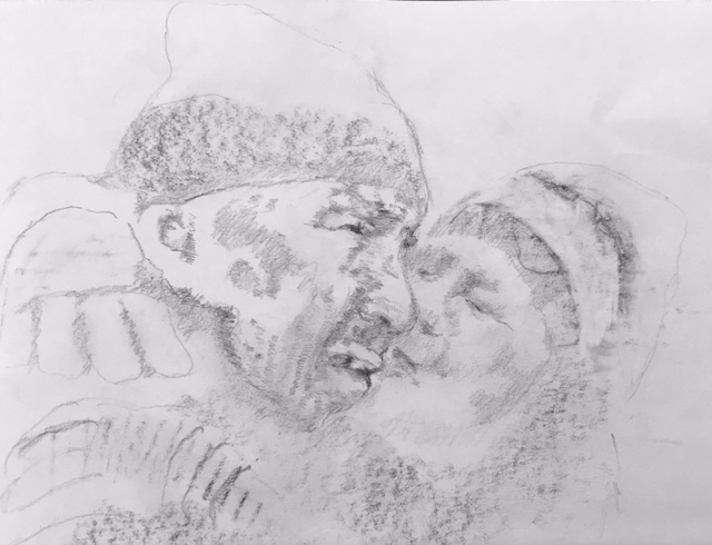 Wiedersehen - in der Ukraine nach Belagerung durch die russische Armee. Gezeichnet am 27-04-2021 nach einem Foto der Kriegsberichterstattung in der Ukraine. Motiv am 08-04-2022 gesehen